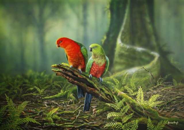 Our rainforest cathedral parrots painting by James Hough