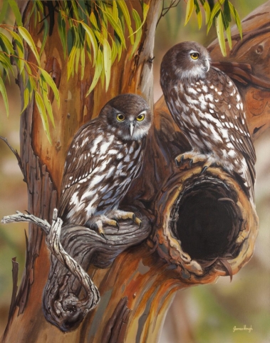 "Homemakers" - Barking Owls Painting by James Hough